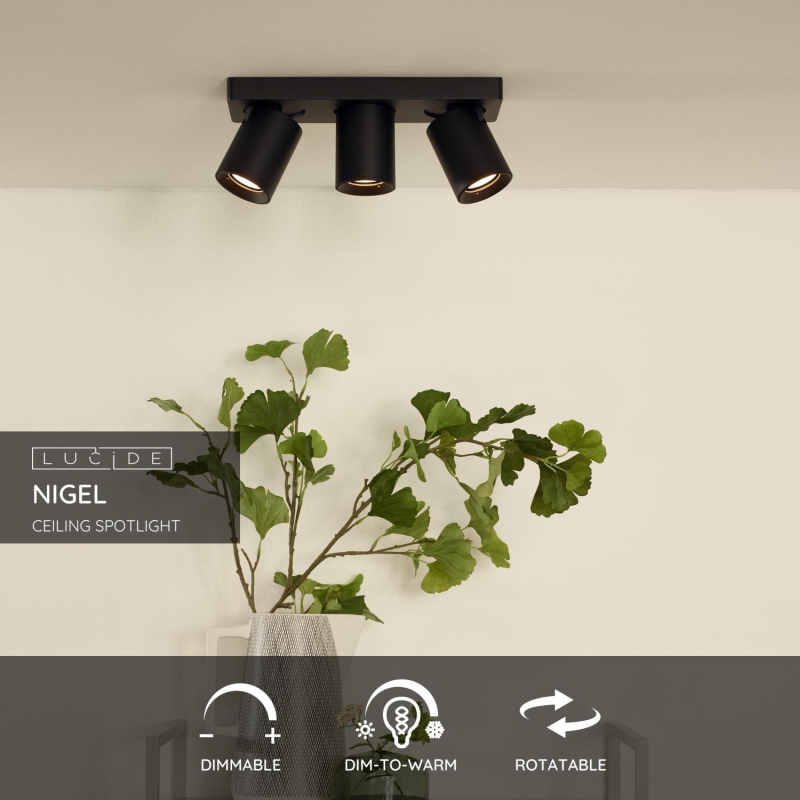 Lucide NIGEL - Stropné bodové svietidlo - LED Dim to warm - GU10 - 3x5W 2200K/3000K - Black